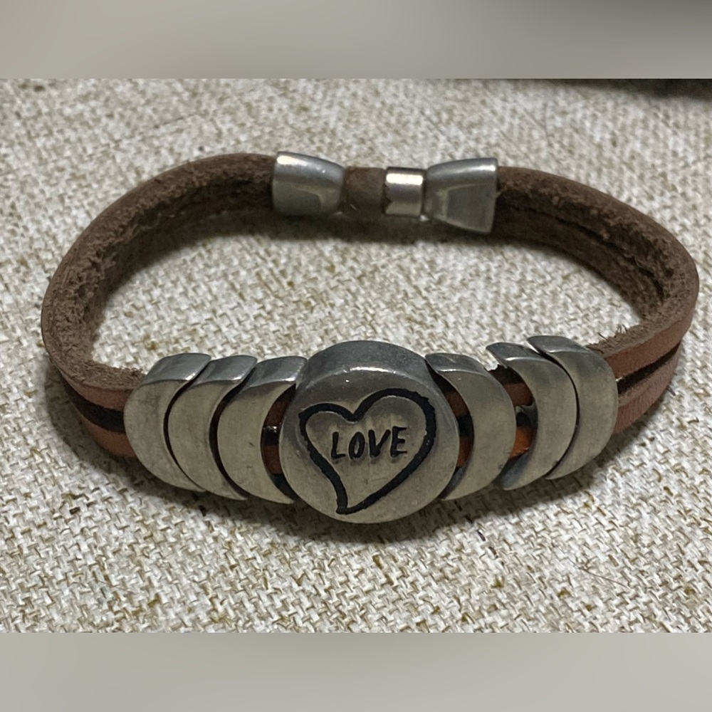 Brown Leather Bracelet with Silver Love Charm